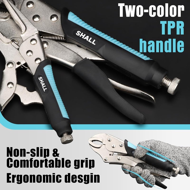 SHALL 6-Piece Locking Pliers, Vice Grips Pliers Set, 5",7" & 10" Curved Jaw Locking Pliers, 6-1/2" & 9-1/2 Long Nose Locking Pliers, 6" Locking C-Clamp, Two-Color TPR Handle, Roll Up Pouch Included - Image 5